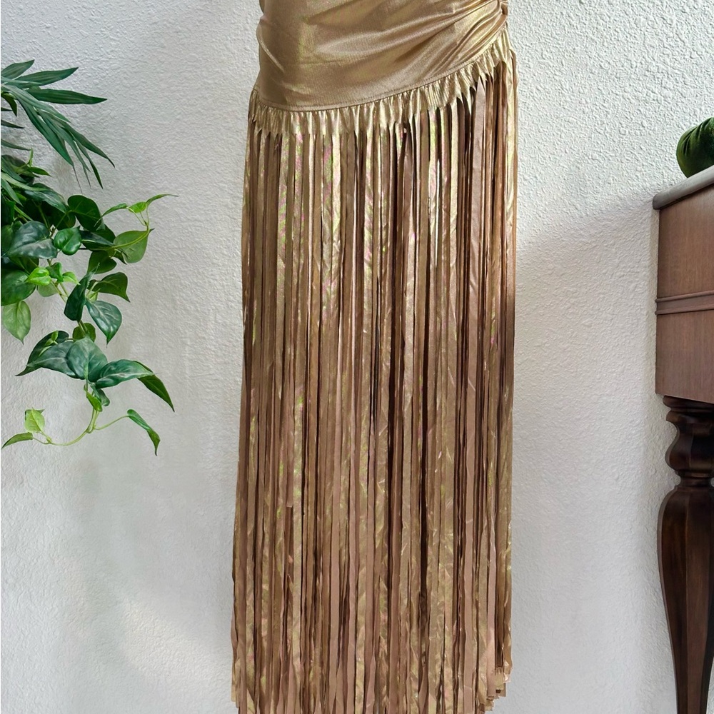 Gold Fringe Satin Evening Dress - Picture 4 of 8